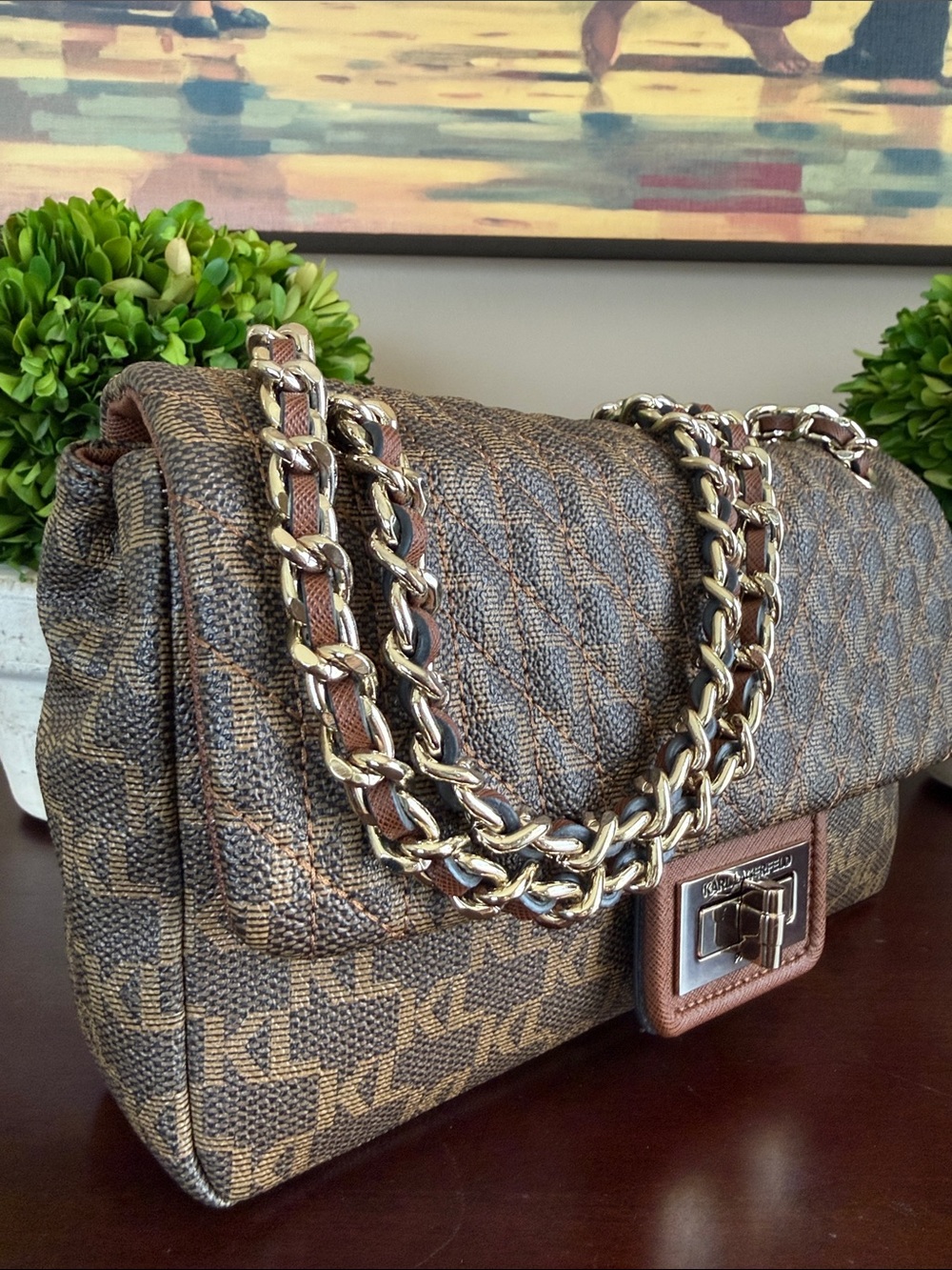 KARL LAGERFELD PARIS 🤎 BROWN 🤎 MONOGRAM QUILTED AGYNESS SHOULDER BAG 🌟EUC🌟 - Picture 9 of 17